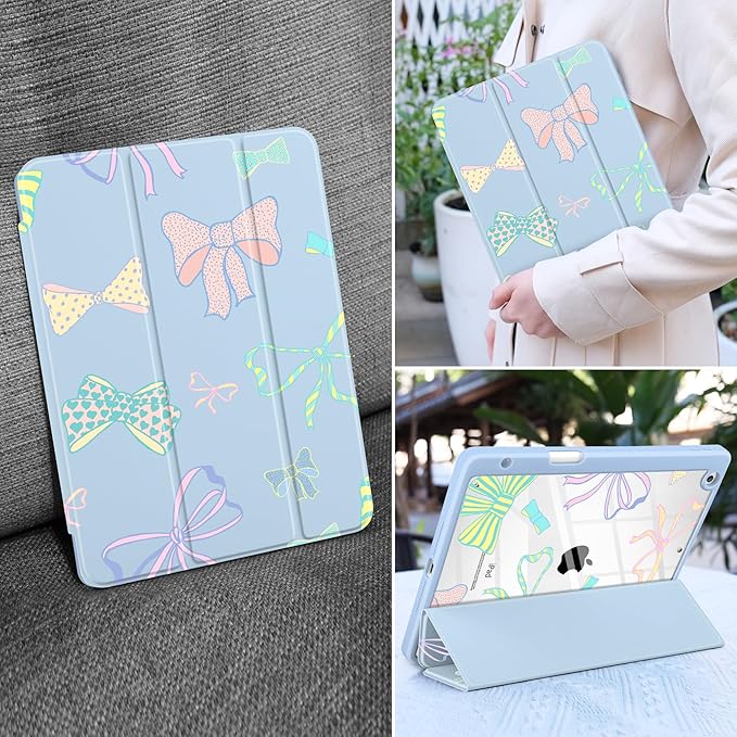 MEEgoodo Case for iPad 10.2 inchTablet Cases for iPad 9th Generation 2021/8th Gen 2020/7th Gen 2019 with Clear Acrylic Back Shell+Pencil Holder+Auto Wake/Sleep+Trifold StandHand Drawn Doodles &amp