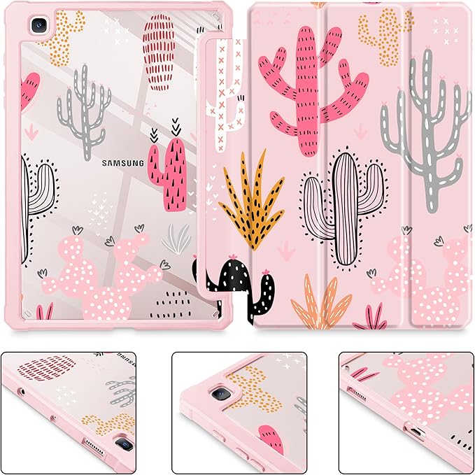 Mektron Case for Samsung Galaxy Tab S6 Lite 10.4 Inch 2024/2022/2020 with S Pen Holder Multi-Angle Viewing with Shockproof Cover Clear Shell + Trifold Stand + Auto Wake/Sleep Colorful Cacti