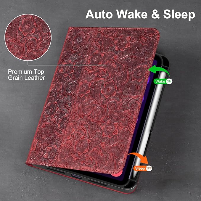 Gexmil Leather Case for iPad mini 7 (A17 Pro) 2024 / iPad mini 6 Generation 2021 8.3 InchPremium Cowhide Cover with Pencil HolderAdjustable Stand Auto Wake/SleepFloral Red