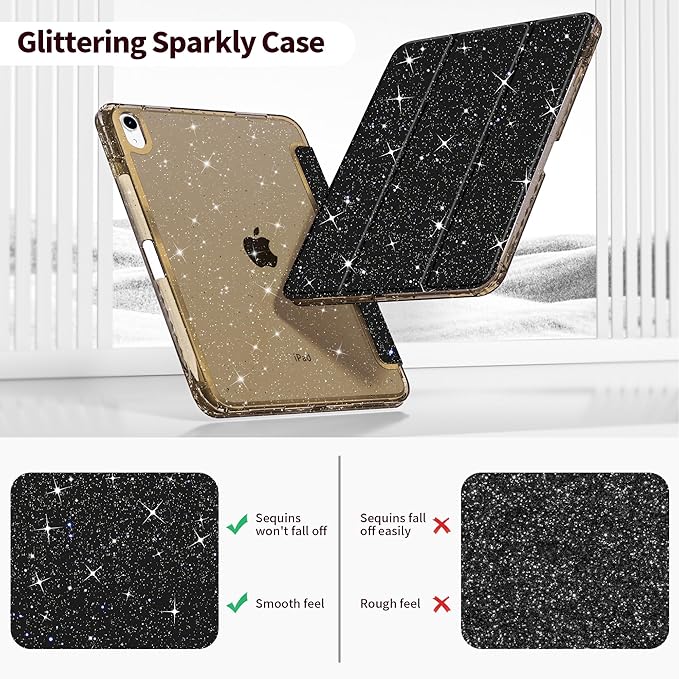 Tuiklol Sparkly Case for iPad (A16 Chip) 11th Gen 11 inch 2025 / iPad 10th Gen 10.9 inch 2022 Built in Pencil Holder with Glitter Clear Back Shell Cover Trifold Stand Auto Wake/Sleep Sparkly-Black