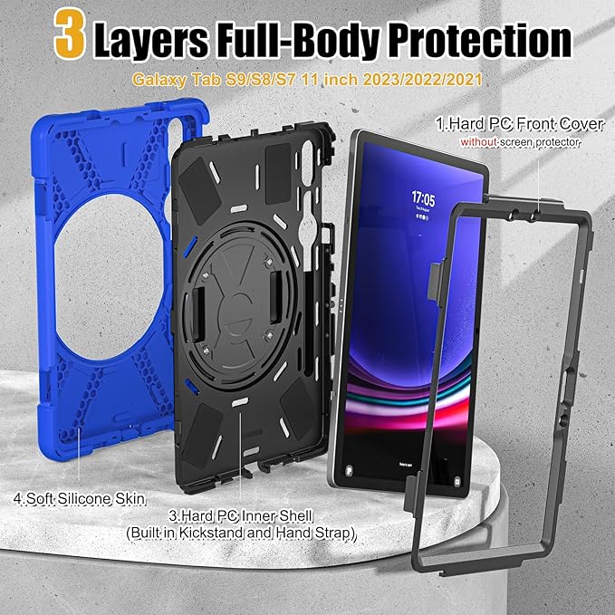 BRAECNstock for Samsung Galaxy Tab S10 Lite/ S10 FE/ S9 FE/ S9/ S8/ S7 5G Case 10.9/ 11 Shockproof Protective Kids Case with Pencil Holder Rotating Hand Strap &amp Stand Shoulder Strap Blue