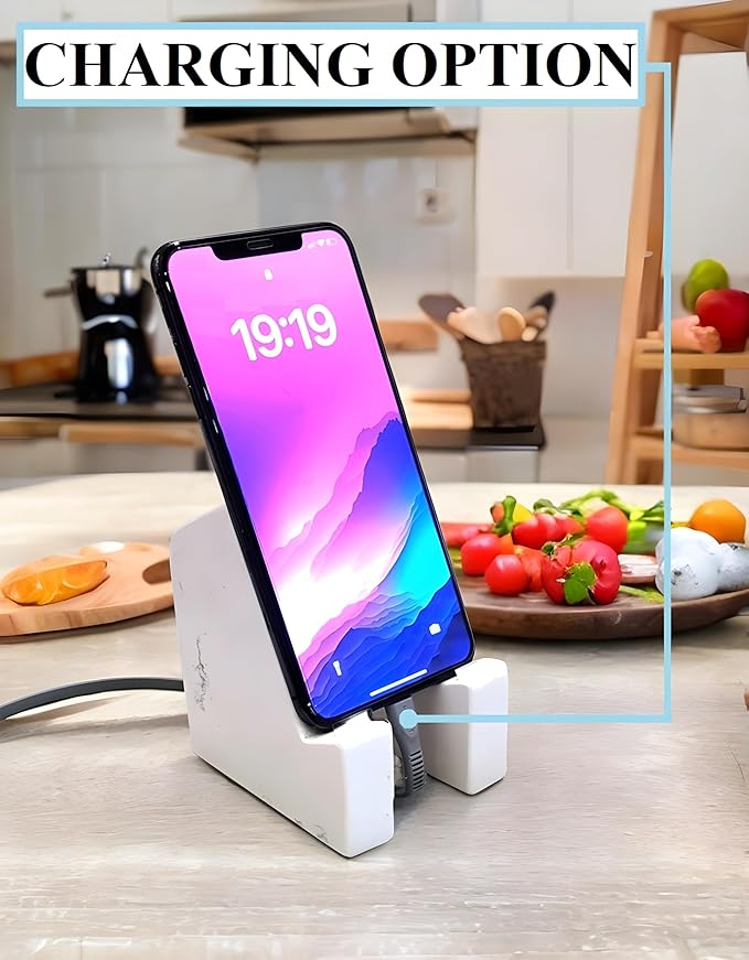 FLOWMAR Marble Phone Stand for Desk – Heavy Quartz Cell Phone Holder Luxury White Marble Phone &amp Tablet Stand Stable iPhone Stand for Desk Case Friendly Charging Compatible