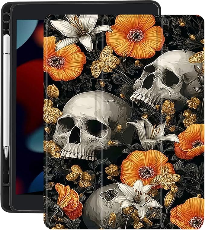 Orange Floral Skull Case for Ipad Pro 11 Inch 4Th/3Rd/2Nd Gothic Skeleton Pattern Cover Retro Shell Auto Sleep/Wake Shockproof Cover with Clear Back Shell &amp Pencil Holder(Girls Women)