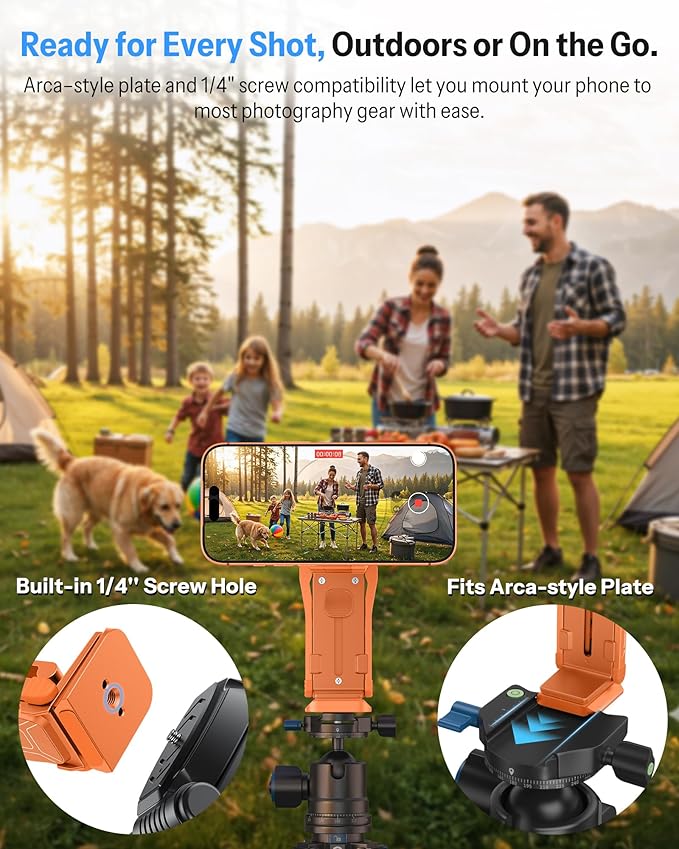 OMOTON TP02-Pro Magnetic Phone Holder for Vlogging Content Creator Essentials with 1/4 Screw Arca Strong Back Magnet for Gym Adjustable Phone Stand &amp Selfie Stick for iPhone 12-17 Series Ora
