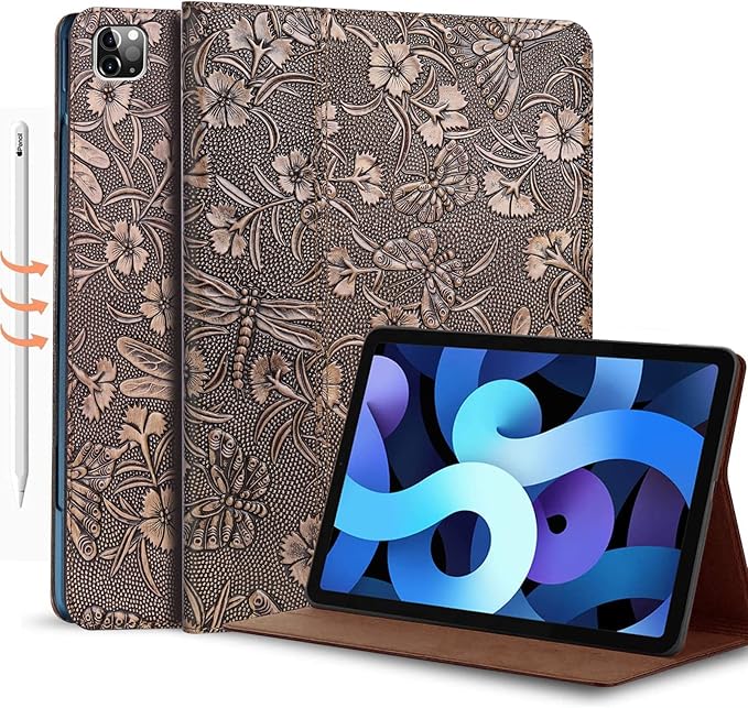 Gexmil Case for iPad Pro 11 Inch4th/3rd/2nd/1st Generation(2022/2021/2020/2018) Genuine Leather Cover Anti FingerprintCowhide Folio Cover Auto Sleep/Wake with Adjustable StandButterfly Pattern