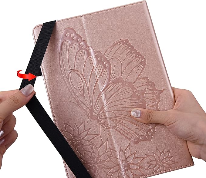 for Amazon Kindle Fire HD 10 &amp HD 10 Plus Case 13th/11th Generation 10.1 inch 2023/2021 Folio Stand Embossed PU Leather Wallet Cover with Pencil Holder/Card Pockes Rosegold Flower Butterfly