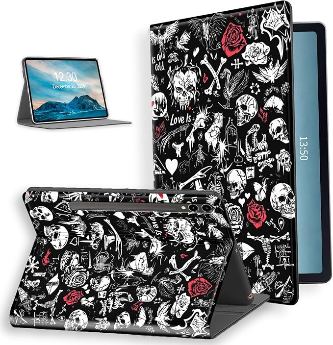 for Samsung Galaxy Tab S9+ Plus 12.4 Tablet 2023 Case–PU Leather Folio Cover with Auto Sleep/WakeStand - Style Shockproof Protective Case for Galaxy Tab S9+Skulls Red Roses Flowers