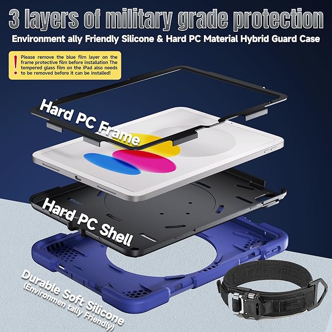 Case for iPad (A16) 11th /10th Generation 11/10.9 Inch 2025/2022 with Screen Protector/360° Rotate Stand/Shoulder Strap/Pencil Holder Shockproof iPad 11th/10th Gen Cover (Navy+Black)