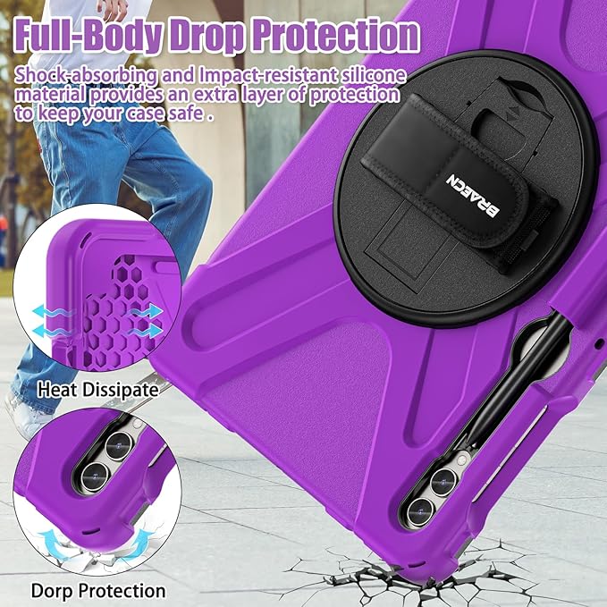 BRAECNstock for Samsung Galaxy Tab S10+ Plus/ S9 FE+ Plus/ S9+ Plus/ S8+ Plus/ S7 FE/ S7+ Plus 5G Tablet Case 12.4 Shockproof Protective Kids Case with Pen Holder Rotating Hand Strap &amp Stand - Pu