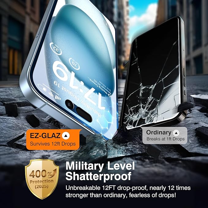 EZ-GLAZ- 4 Pack for iPhone 15 Plus Privacy Screen Protector [6.7] With 2 Pack Camera Lens Protector 9H+ Hardness 12FT Military Grade Shatterproof Scratch Resistant Durable Tempered Glass Film with F