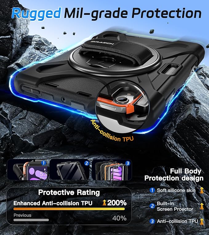 BRAECNstock Case for Apple iPad mini 7 (A17 Pro) 2024/ Mini 6 2021 8.3 Rugged Protective with Screen Protector Pencil Holder Rotating Hand Strap &amp Stand iPad mini 7th/6th Gen Case Kids Black