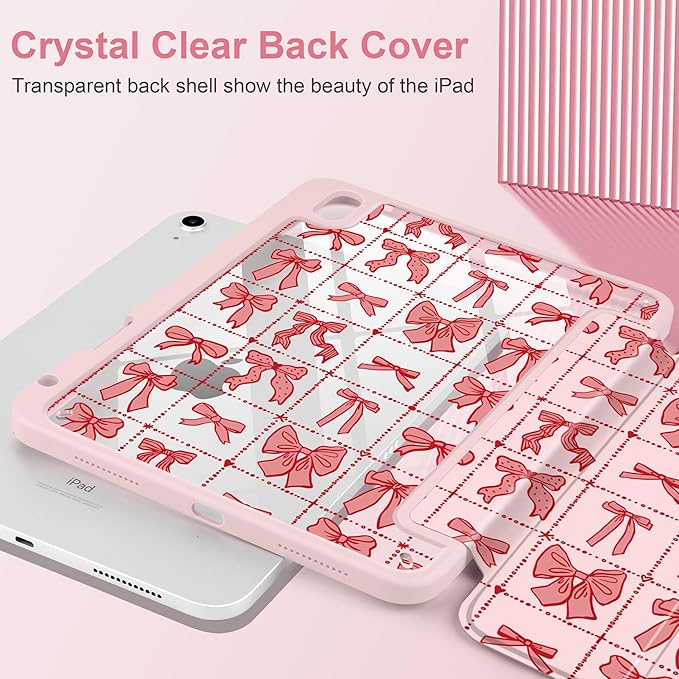 DONGKE Case for iPad (A16) 11th Generation 11 inch 2025 &amp iPad 10th Gen 10.9 inch 2022 [Built-in Pencil Holder] Clear Acrylic Back Trifold Stand Smart Cover Auto Sleep/Wake Bow Composition Book