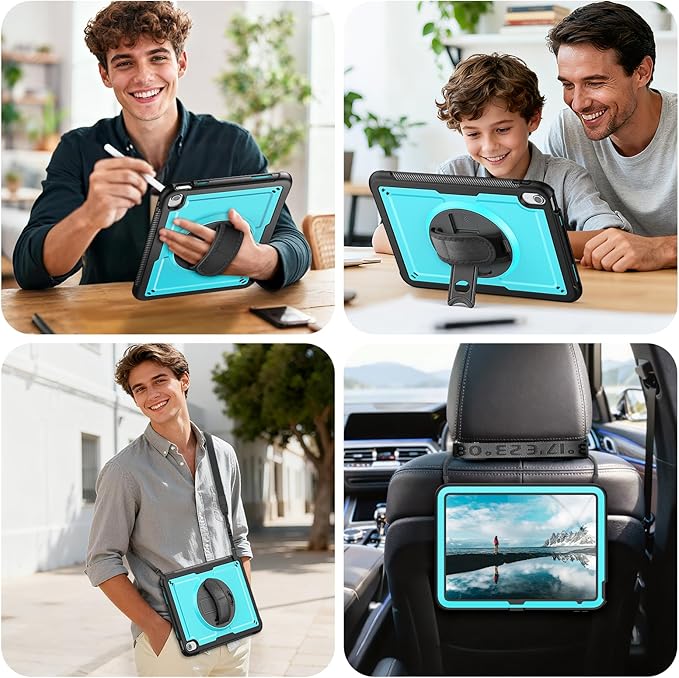 Case for iPad (A16) 11th/10th Generation 11''/10.9'' 2025/2022: Shockproof Protective Case with Hand/Shoulder Strap Pencil Holder Rotate Stand Screen Protector Sky Blue