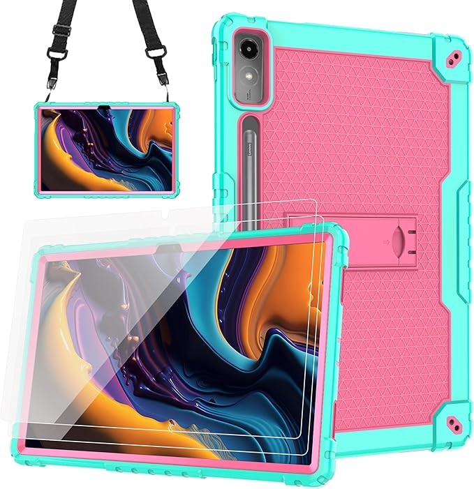 Shockproof Hybrid Kids Case for Lenovo Tab P12/Xiaoxin Pad Pro 12.7 Inches Tablet With Screen Protector (TB370FU/TB371FC) - Green/Pink/2 PCS