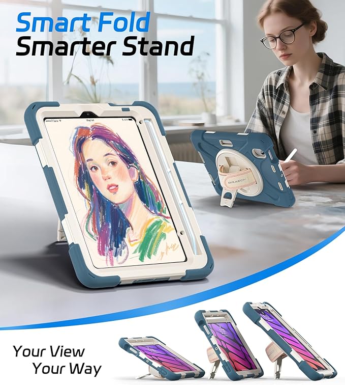 BRAECNstock for Apple iPad mini 7 (A17) Pro/Mini 6 Case 2024/2021 8.3 Rugged Protective iPad mini 7th/6th Gen Case with Screen Protector Pencil Holder Rotating Hand Strap + Stand Cornflower Blue