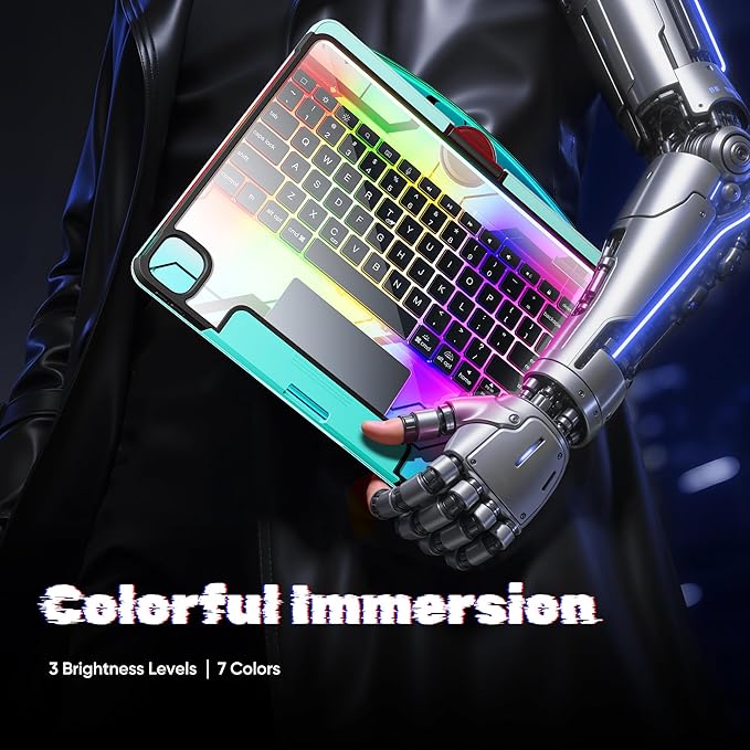 KITONE Transparent Case with Wireless Keyboard for iPad 10.2-in (7th 8th and 9th Gen) 7 Colors Backlight Trackpad 360°Rotating Stand Tech Style