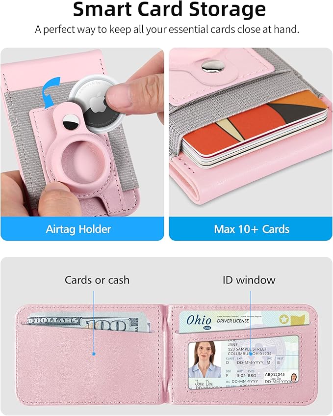 For Magsafe Wallet with Airtag Holder Strong Magnetic Wallet for iPhone 17/16/15/14/13/12 Series for iPhone Walletwith Adjustable Stand ID Window 4 Card Slots 10 Cards Holder Vegan Leather Pink