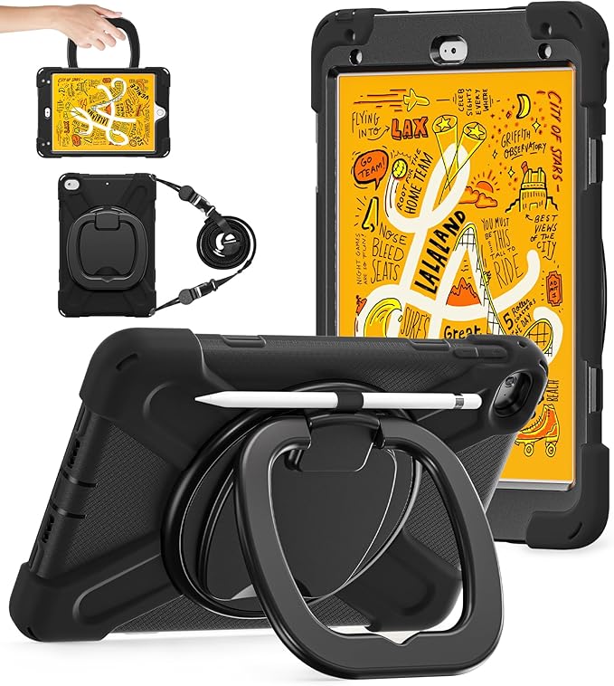 BATYUE for iPad mini 5/4 7.9 Inch Case (2019/2015) Military-Grade Heavy Duty Case with 360° Kickstand Detachable Shoulder Strap &amp Pencil Holder for Office School &amp Travel - Black