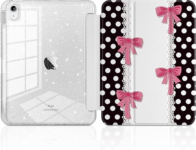 MEEgoodo Case for iPad A16 11th Generation 2025/10th Generation 2022 Glitter Tablet Cases with Transparent Acrylic Back+Trifold Stand +Pencil Holder+Auto Wake/SleepDots with Pink Bows