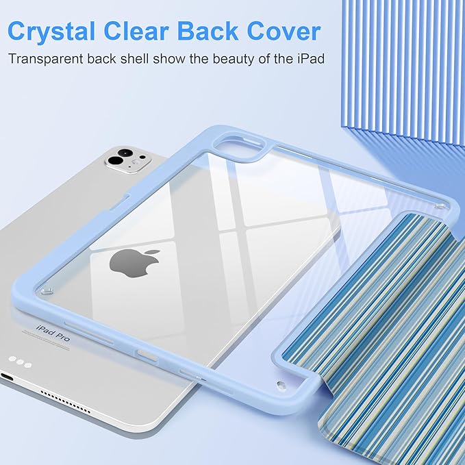 TWOLSKOO Case for iPad Pro 11-inch (M5 2025 / M4 2024) Clear Acrylic Back with TPU Bumper Pencil Holder Trifold Stand Auto Sleep/Wake Blue Stripes