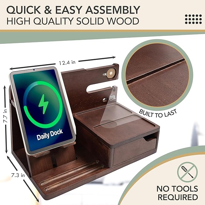 Nightstand Organizer- Bedside Docking Station for Men- Unique Gifts for Husband Father or Dad from Wife Son or Daughter- Desk Organizer for Phone Watches Wallet &amp Accessories (Brown)