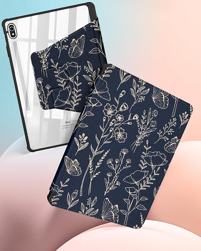for Samsung Galaxy Tab S10 Fe Case - Tab S9 Fe/S9 Case with Pencil Holder Women Girl Cute Girly Pretty Black Floral Unique Aesthetic Design Teens Rotating Tablet Cases Cover