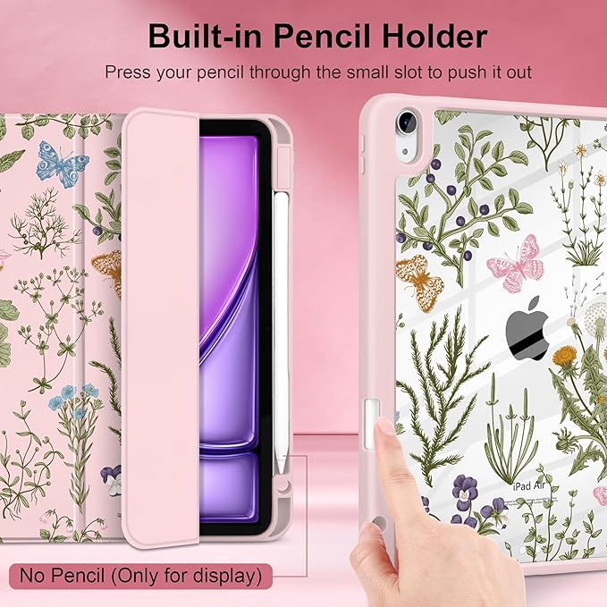 DONGKE Case for iPad Air 11-inch M4 2026 &amp M3 2025 &amp M2 2024 iPad Air 5th/4th Generation 10.9 2022/2020 [Built-in Pencil Holder] Clear Acrylic Back Trifold Stand Smart Cover Wildflower &am