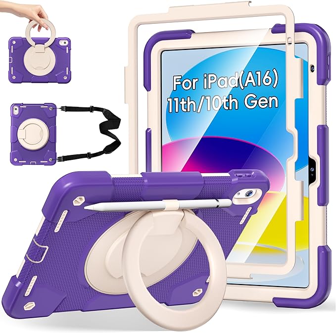 Case for iPad (A16) 11th /10th Generation 11/10.9 Inch 2025/2022 with Screen Protector/360° Rotate Stand/Shoulder Strap/Pencil Holder Shockproof iPad 11th/10th Gen Cover (Purple+White)