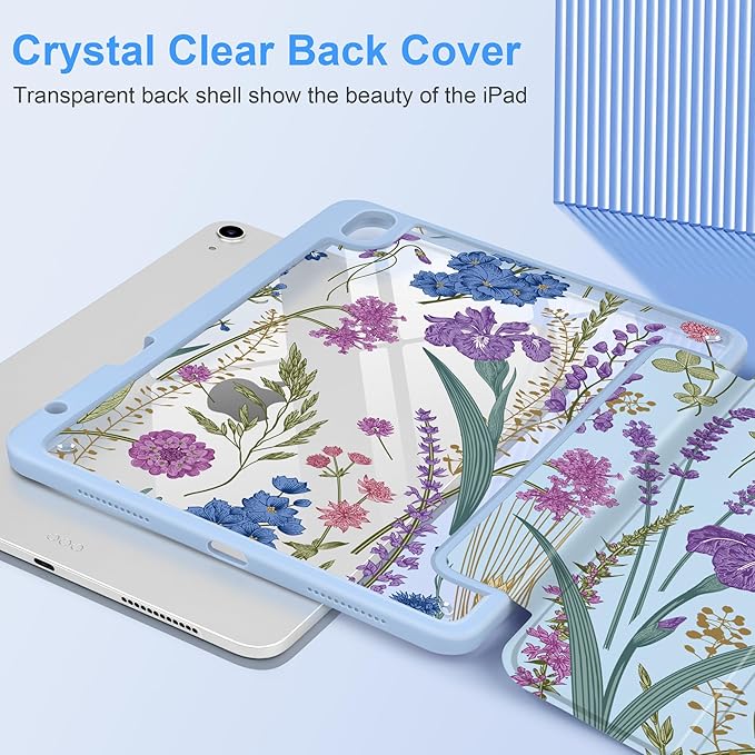 DONGKE Case for iPad Air 11-inch M4 2026 &amp M3 2025 &amp M2 2024 iPad Air 5th/4th Gen 10.9 2022/2020 [Built-in Pencil Holder] Clear Acrylic Back Trifold Stand Smart Cover Blue Botanical Wildfl