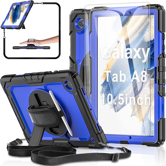 Case for Samsung Galaxy Tab A8 5G Tablet Case 10.5 inch [with Tempered Glass Screen Protector] Rotatable Kickstand S Pen Holder Hand/Shoulder Strap (Blue)