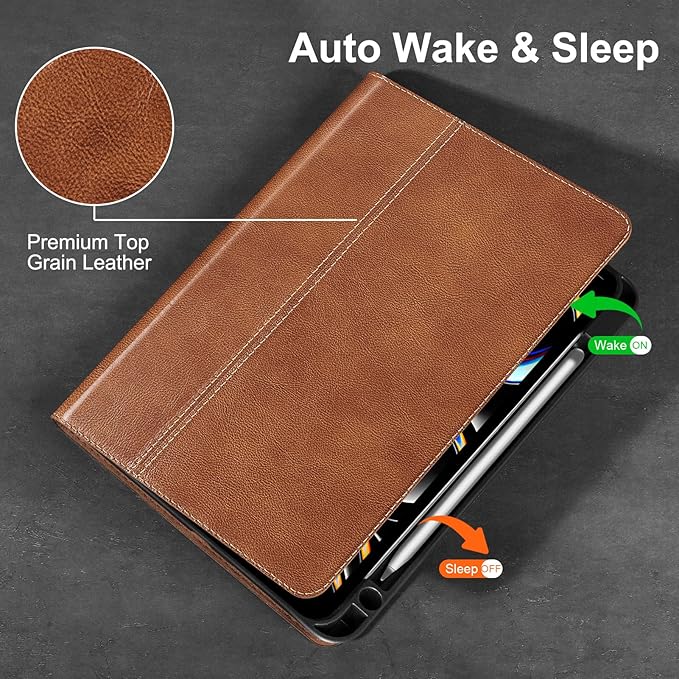 Gexmil Genuine Leather Case for iPad Pro 11 Inch (M5/M4) 2025/2024 with Pencil HolderProtective Shockproof Leather Smart Folio Cover Adjustable Stand Auto Sleep/Wake Anti-SlipVegetable Tanned Brown
