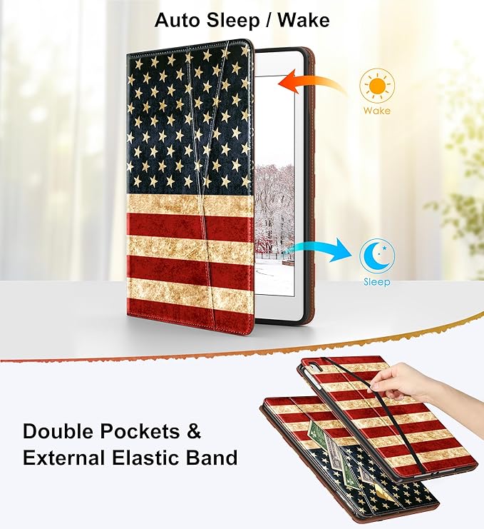 DTTO for iPad 6th / 5th Generation 9.7 Inch (2018/2017) iPad Air 2 / Air 1 Case 360 Degree Rotating Premium Leather Folio Stand Cover with Pencil Holder US Flag