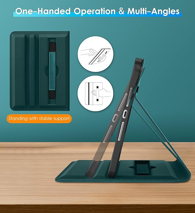 DTTO Rotating Case for iPad 9th/8th/7th Generation 10.2 Inch 2021/2020/2019 360 Degree Swiveling Premium Leather Folio Stand Cover with Pencil Holder - Auto Wake/Sleep and Hand Strap Green