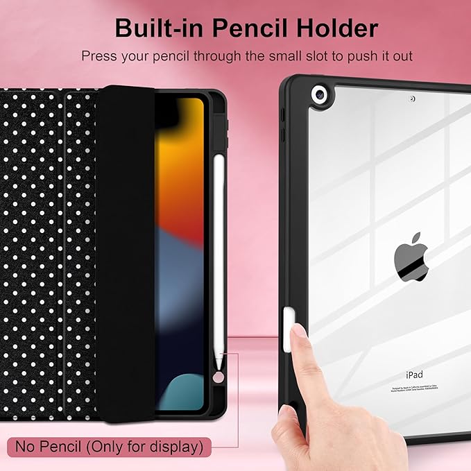 MEEgoodo Case for iPad 10.2 inchTablet Cases for iPad 9th Generation 2021/8th Gen 2020/7th Gen 2019 with Clear Acrylic Back Shell+Pencil Holder+Auto Wake/Sleep+Trifold Stand White Polka Dot