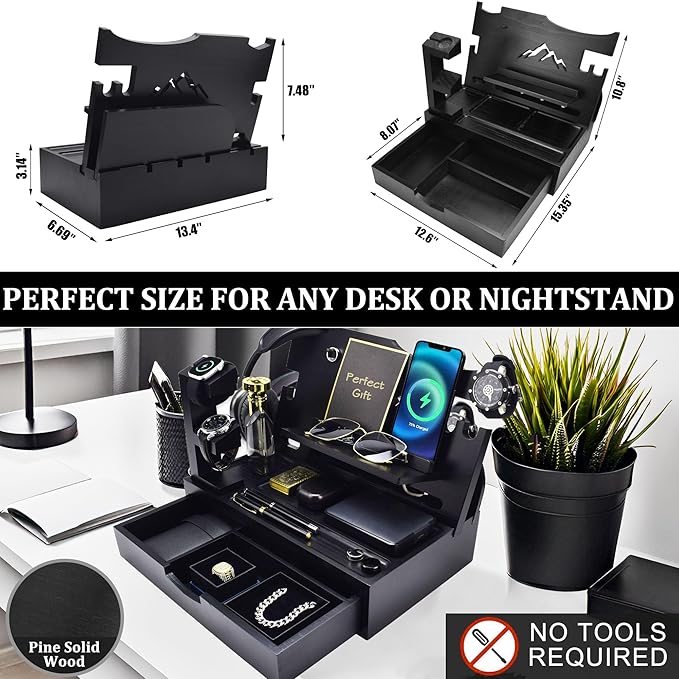 Nightstand Organizer for Men with Large Drawer Wood Phone Docking Station for Phone Apple Watch Wallet &amp Keys Ideal Birthday Gift for Father Husband Bedside Desk Organizer (Black)