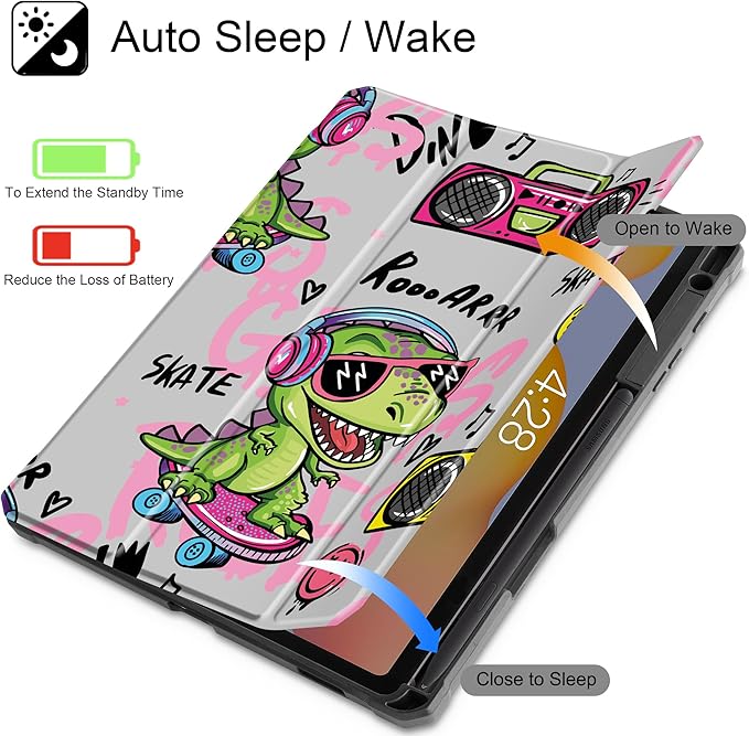 Mektron Case for Samsung Galaxy Tab S6 Lite 10.4 Inch 2024/2022/2020 with S Pen Holder Multi-Angle Viewing with Shockproof Cover Clear Shell + Trifold Stand + Auto Wake/Sleep Cool Dinosaur