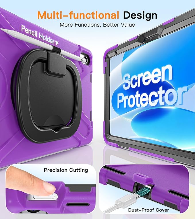 BATYUE Case for iPad (A16) 11th/10th Gen 11''/10.9'' 2025/2022 - Heavy Duty Shockproof Cover with 360° Rotating &amp 180° Folding Stand Screen Protector Shoulder Strap &amp Pencil Holder |Purple