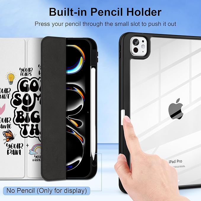 Case for iPad Pro 13 inch (M5) 2025 (M4) 2024 Release with Pencil Holder -Creative Inspiring Design Trifold Cover with Soft TPU Bumper Clear Back Auto Sleep/Wake for Students Creative slogans