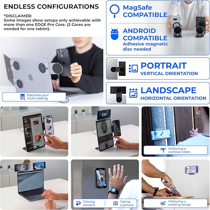 Rolling Square Edge Pro Core - Magnetic Mount Phone Holder Stand for Computers and Tablets | Secure Metal Plate Adhesive or Standalone Mode Compatible with MagSafe Qi and Non-MagSafe Devices Black