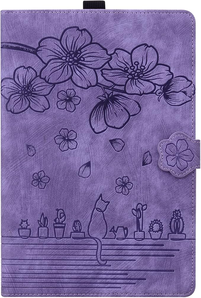 for Amazon Kindle Fire HD 8 &amp Fire HD 8 Plus Case 12th/10th Generation (2024/2022/2020) 8 UUcovers Embossed PU Leather Folio Magneic Cover with Stand/Pencil Holder Cherry Blossom Purple Cat