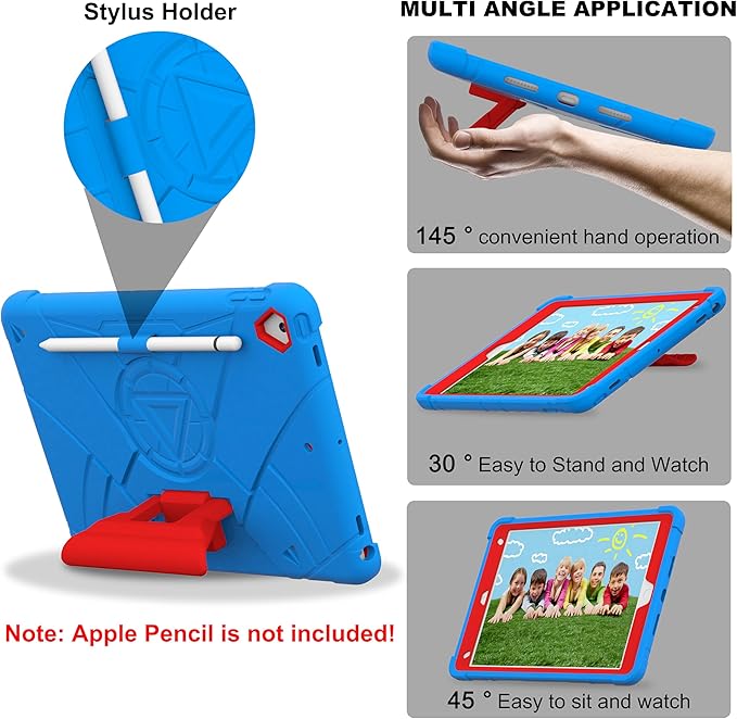 Case for iPad 9th/8th/7th Generation 10.2 inch Heavy Shockproof Cover with Screen Protector/180° Rotating Handle/Bracket/Pen Holder/Shoulder Strap Kids Case for 2021/2020/2019 (D-Blue+Red)