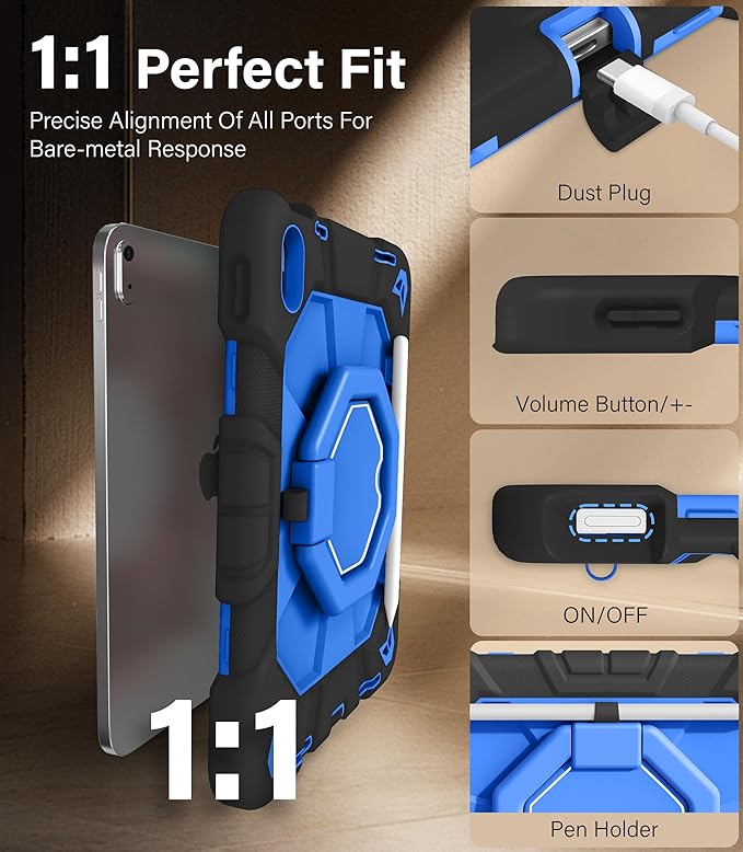 JKSML Case for iPad (A16) 11th/10th Gen | 360° Rugged Rotating Stand | Pencil Holder | Adjustable Shoulder Strap | Heavy Duty Drop Protective Cover for iPad 10.9 (2022)/ 11 (2025) - Blue Black-z