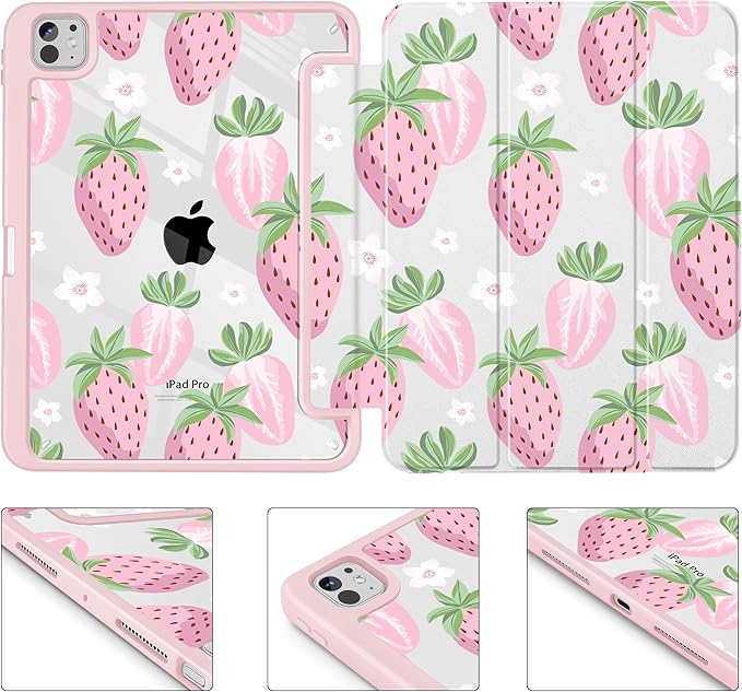 May Chen Case for iPad Pro 11-Inch M5/M4 2025/2024 (6th/5th Generation) [Penceil Holder] Trifold Stand Auto Wake/Sleep Clear TPU Protection Back Cover Strawberries
