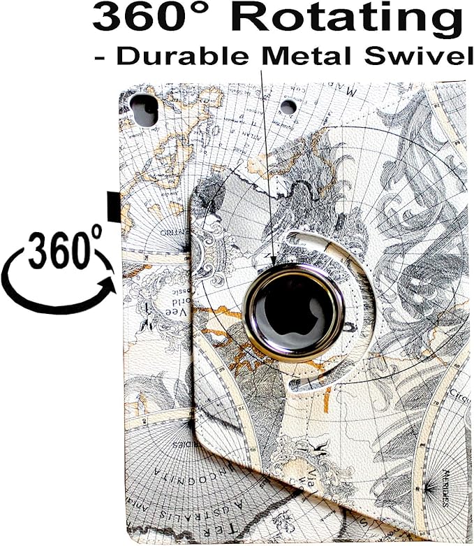 Case for iPad 9th 8th 7th Generation 360 Rotating Smart Cover Folio Stand with Pocket Auto Wake Up/Sleep for 2021 2020 2019 iPad 10.2 A2197 A2198 A2199 A2200 A2602 A2603 (Map)