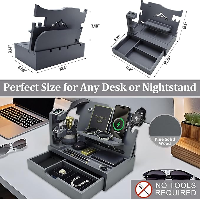 Nightstand Organizer for Men with Large Drawer Wood Phone Docking Station for Phone Apple Watch Wallet &amp Keys Ideal Birthday Gift for Father Husband Bedside Desk Organizer (Grey)