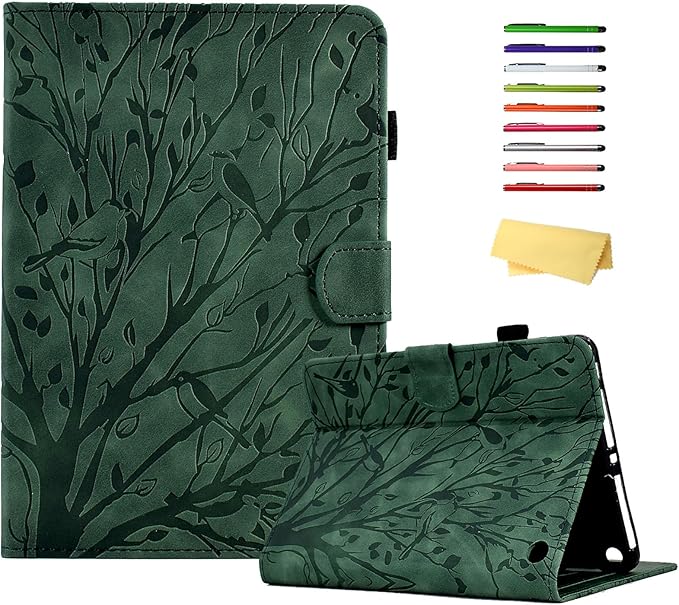 for Amazon Kindle Fire HD 8 &amp Fire HD 8 Plus Case (12th/10th Generation 2024/2022/2020) 8 UUcovers Embossed Magneic Smart Cover with Stand/Pencil Holder [Auto Sleep/Wake] Green Lucky Tree