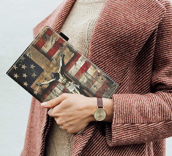 Case for Amazon Kindle Fire 7 Tablet (7 9th/7th Generation 2019/2017 Release) Slim PU Leather Cover with Card Slot &amp Auto Wake/Sleep American Flag Cross Jesus