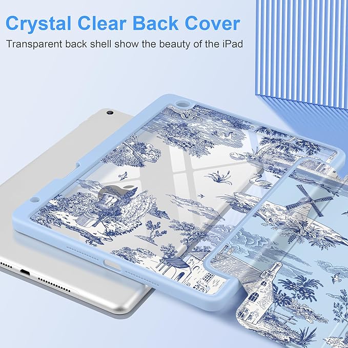 DONGKE for iPad 9th/8th/7th Generation Case 10.2 Inch (2021/2020/2019) [Auto Sleep/Wake &amp Pencil Holder] Clear Acrylic Back Trifold Stand Cover Toile Pattern