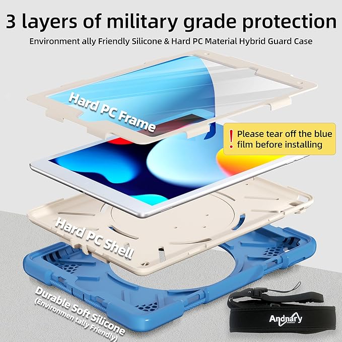 Case for iPad 9th/8th/7th Generation 10.2 inch Shockproof Cover with Screen Protector/360° Rotate Stand/Pencil Holder/Shoulder Strap Kids Case for iPad 2021/2020/2019 (Blue+White)