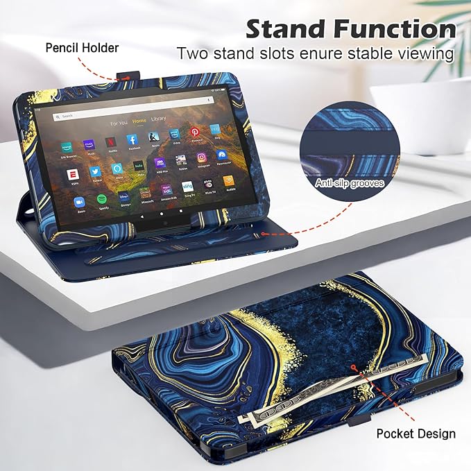 Case for 10 &amp 10 Plus Tablet (13th/ 11th Generation 2023/2021 Released) 360 Degree Rotating Stand PU Leather Cover with Pencil Holder Auto Sleep/Wake Pocket Design Marble Ocean Blue